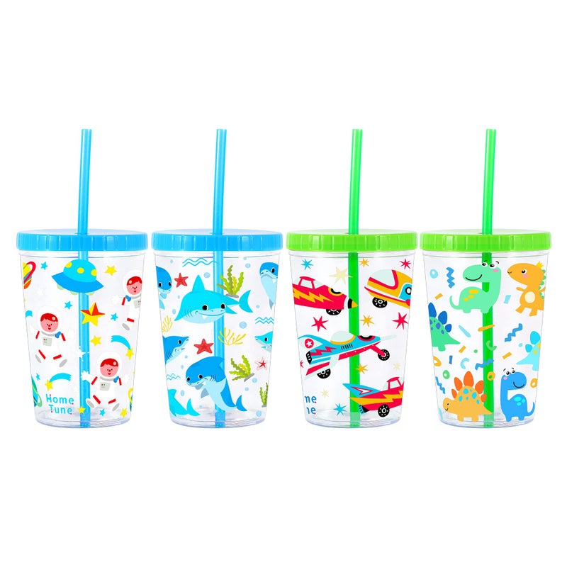 Home Tune 16oz Kids Tumbler Water Drinking Cup 4 Pack - BPA Free, Straw Lid Cup, Reusable, Lightweight, Spill-Proof Water Bottle with Cute Design for Girls & Boys - Shark, Car, Space, Dinosaur - Image 1